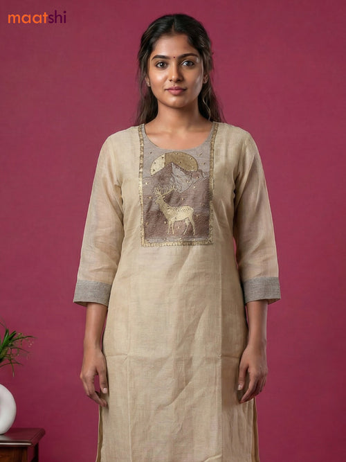 Beige and Brown Chanderi Embroidery Work Straight Suit