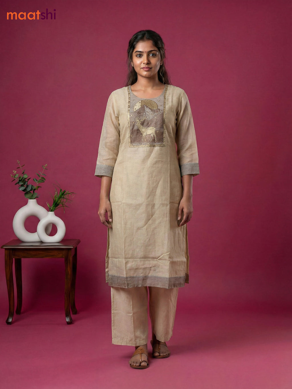 Beige and Brown Chanderi Embroidery Work Straight Suit