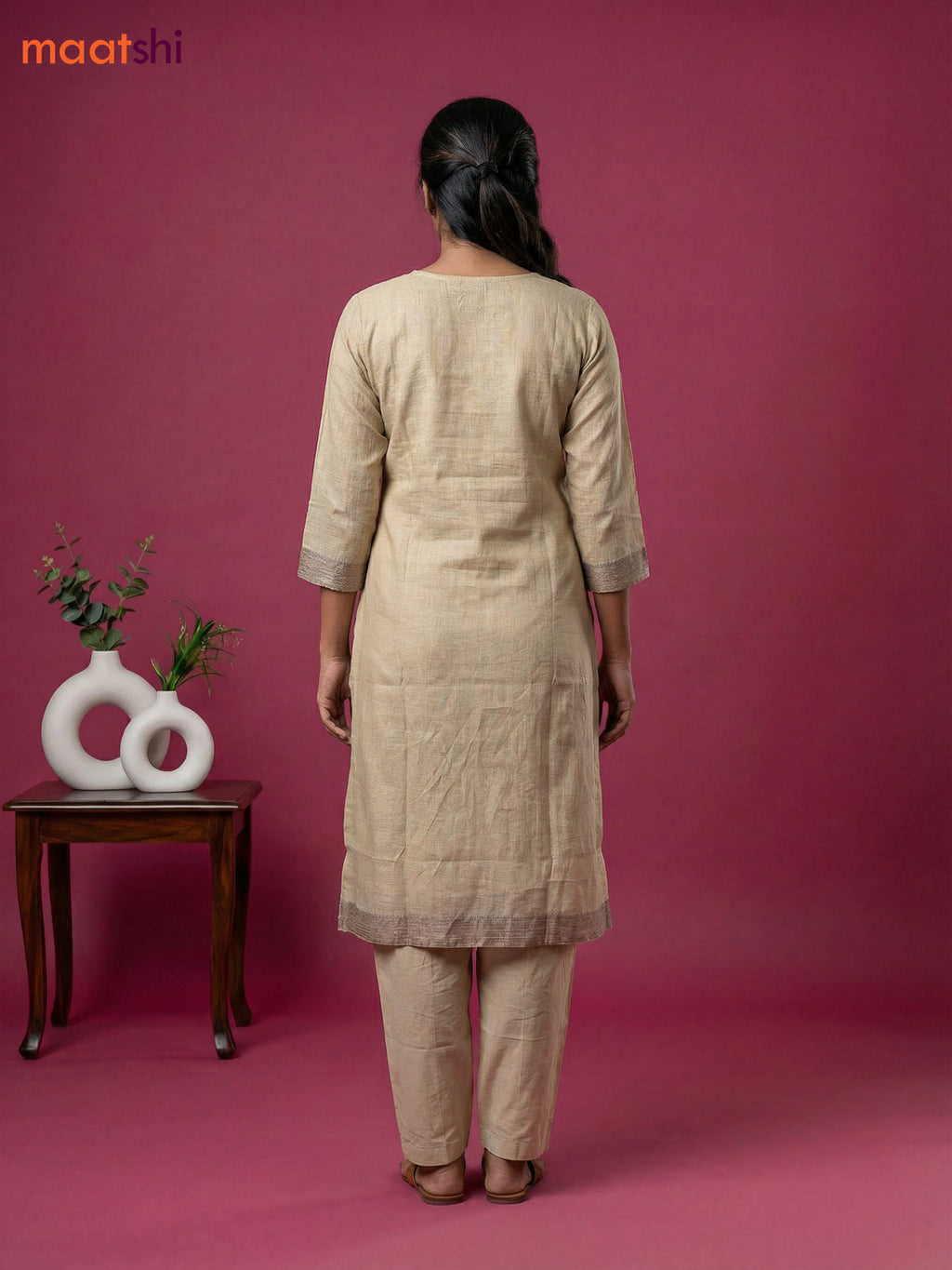 Beige and Brown Chanderi Embroidery Work Straight Suit