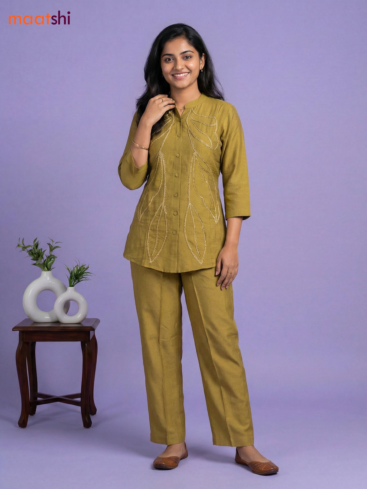 Mustard Green Rayon Embroidery Work Short Co-Ord Set