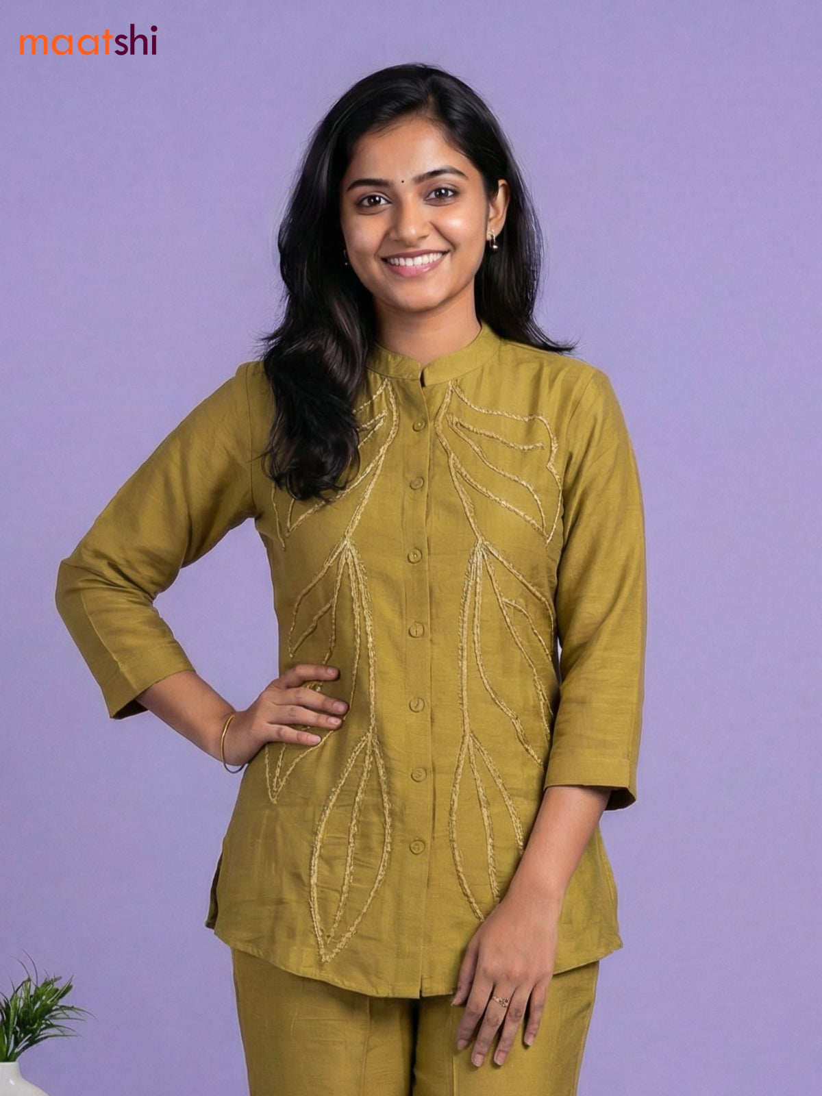 Mustard Green Rayon Embroidery Work Short Co-Ord Set