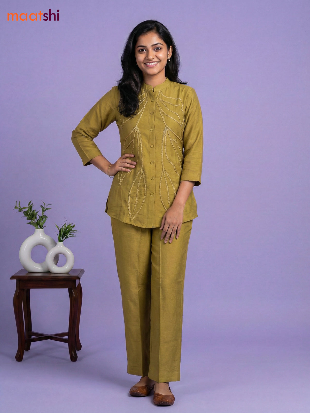 Mustard Green Rayon Embroidery Work Short Co-Ord Set