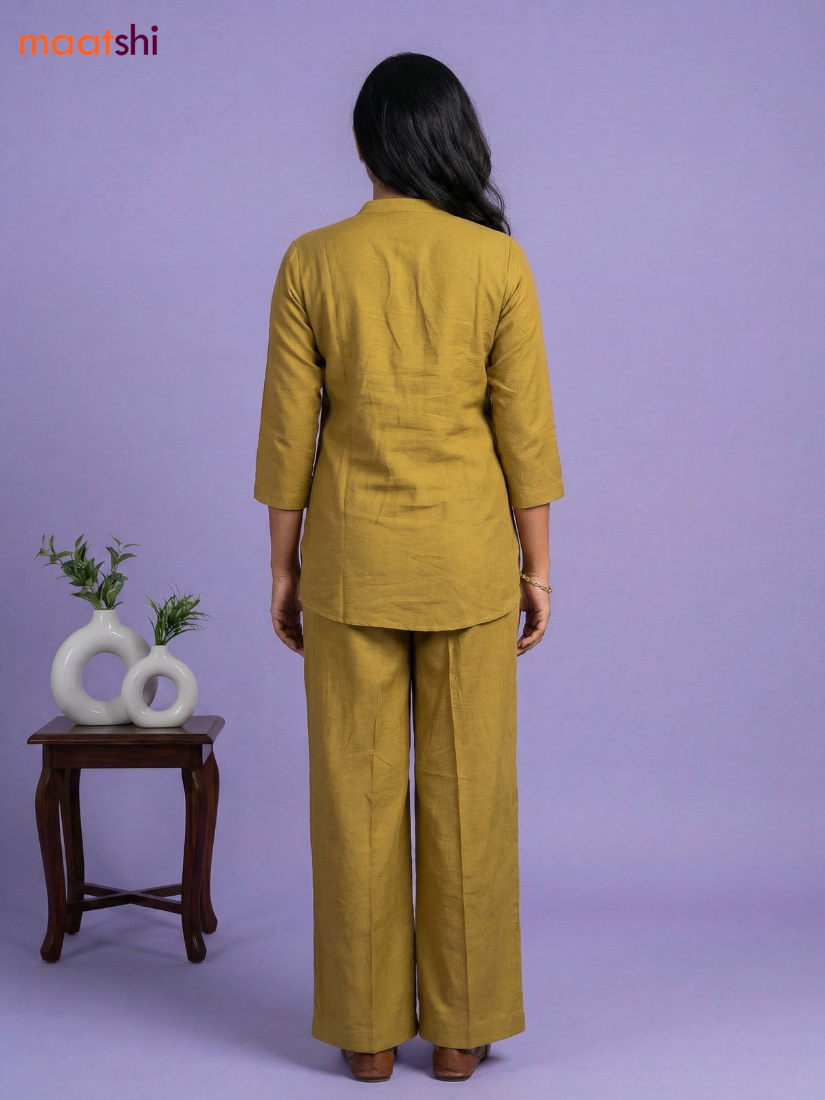 Mustard Green Rayon Embroidery Work Short Co-Ord Set