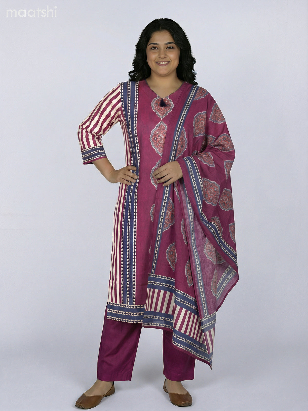 Blue and Magenta Pink Modal Ajrakh Printed Straight Suit