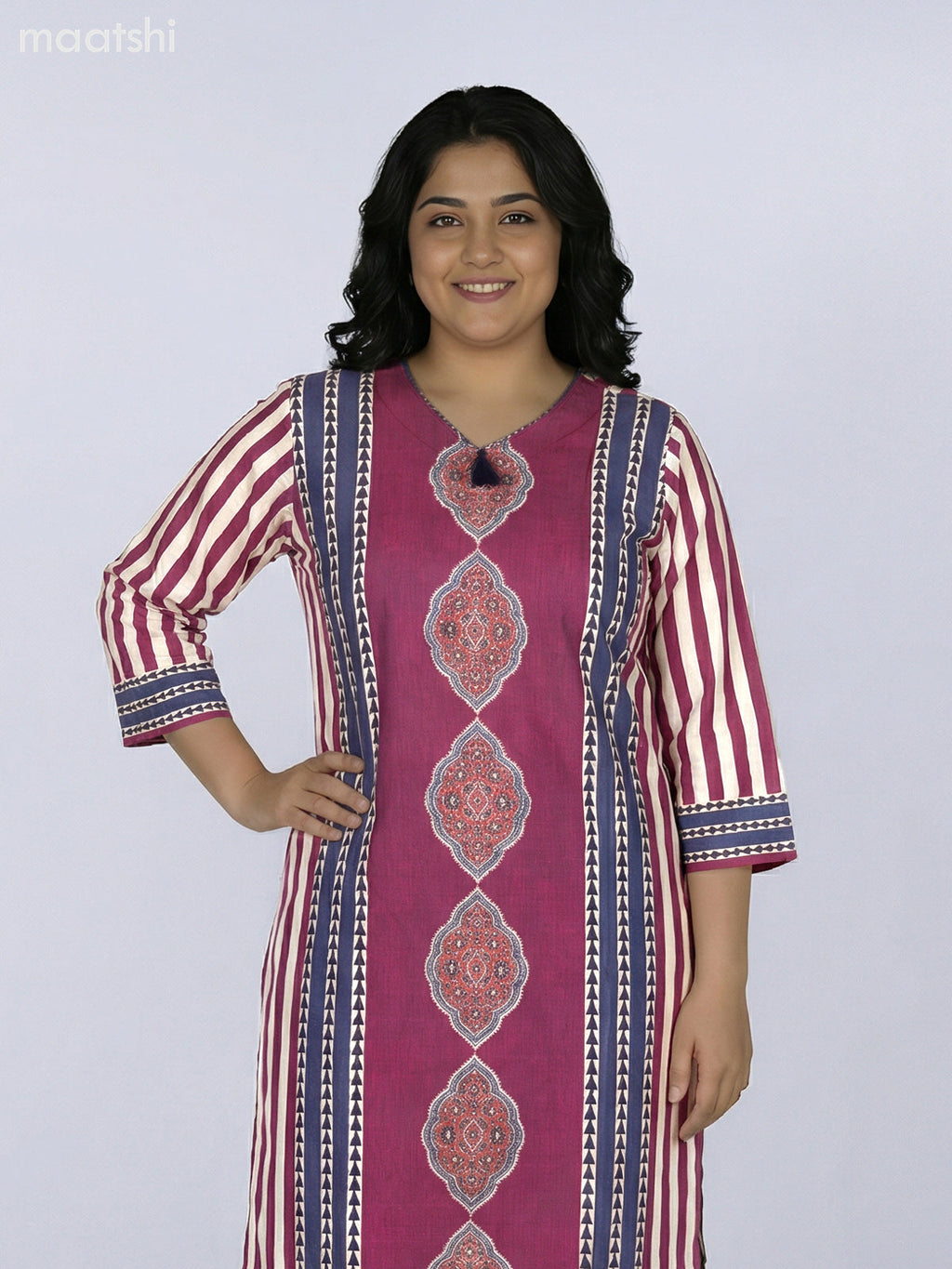 Blue and Magenta Pink Modal Ajrakh Printed Straight Suit
