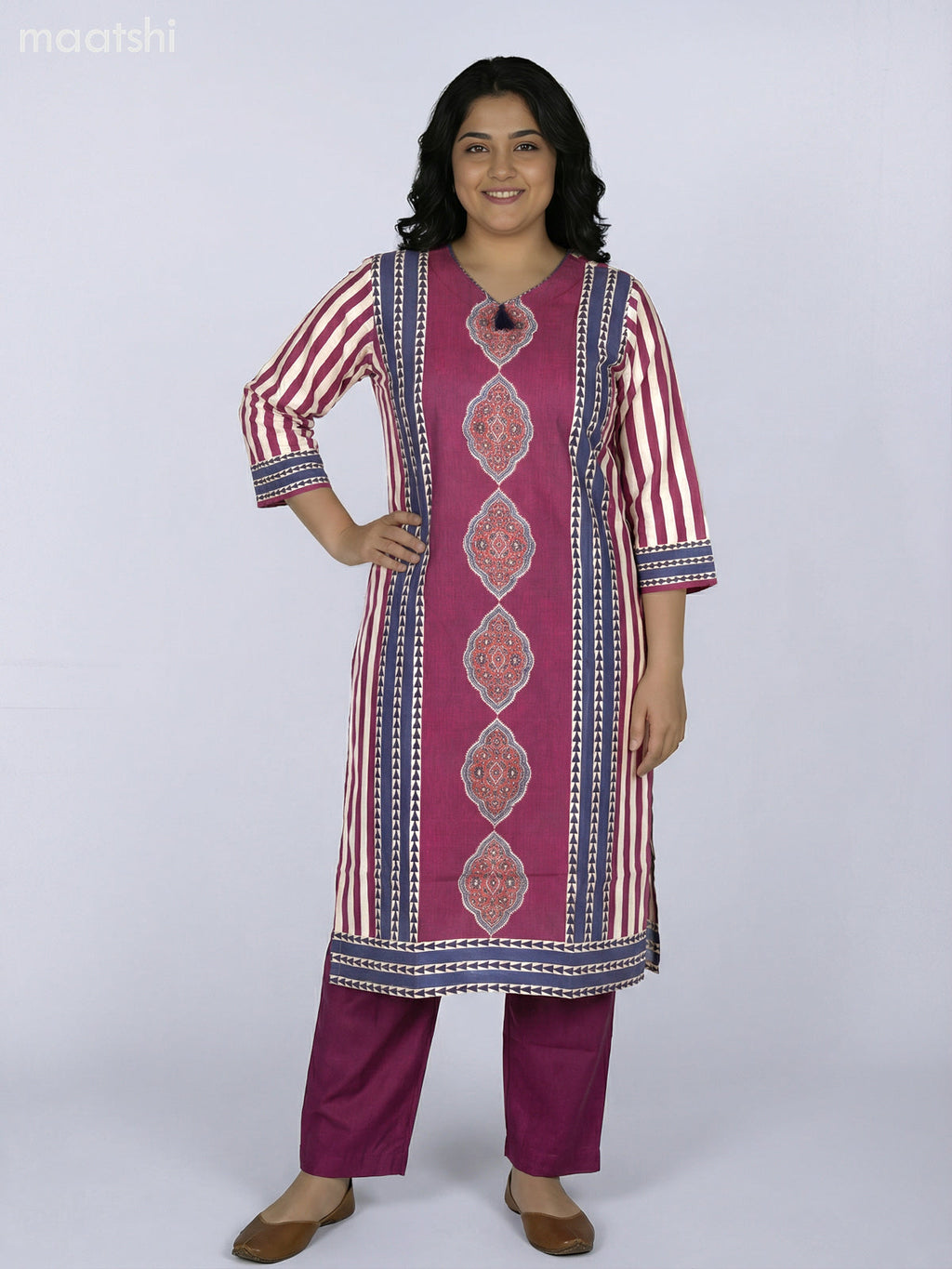 Blue and Magenta Pink Modal Ajrakh Printed Straight Suit