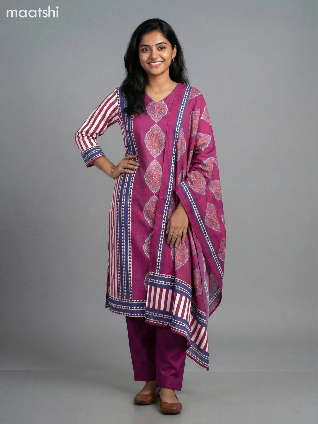 Blue and Magenta Pink Modal Ajrakh Printed Straight Suit