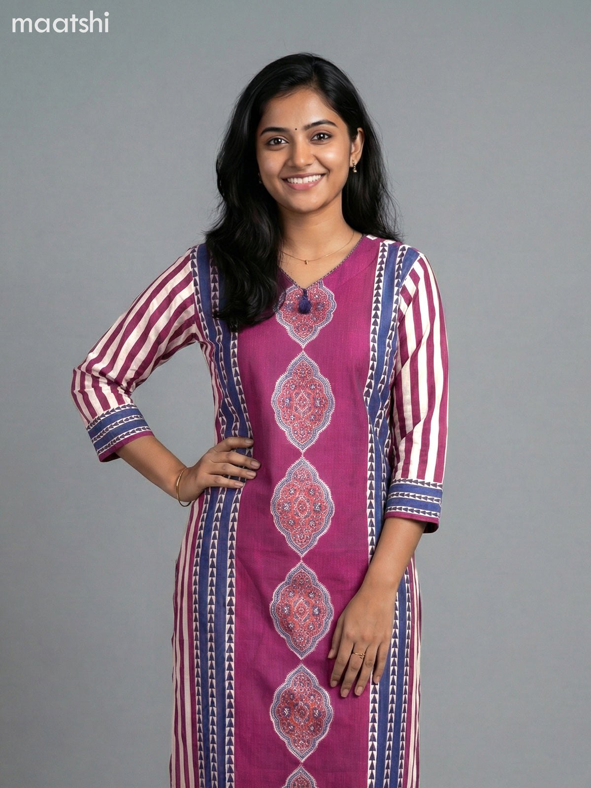 Blue and Magenta Pink Modal Ajrakh Printed Straight Suit