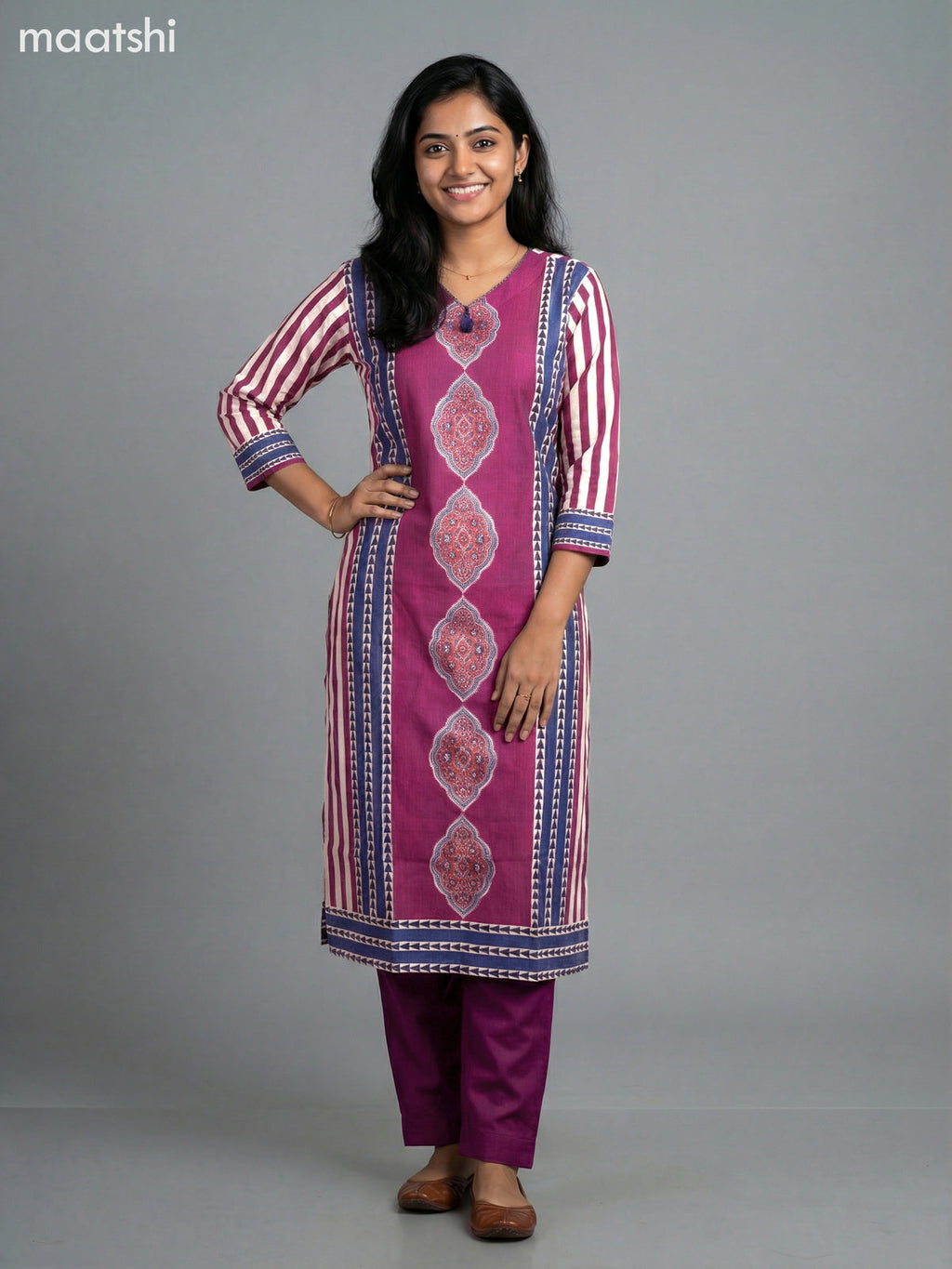 Blue and Magenta Pink Modal Ajrakh Printed Straight Suit
