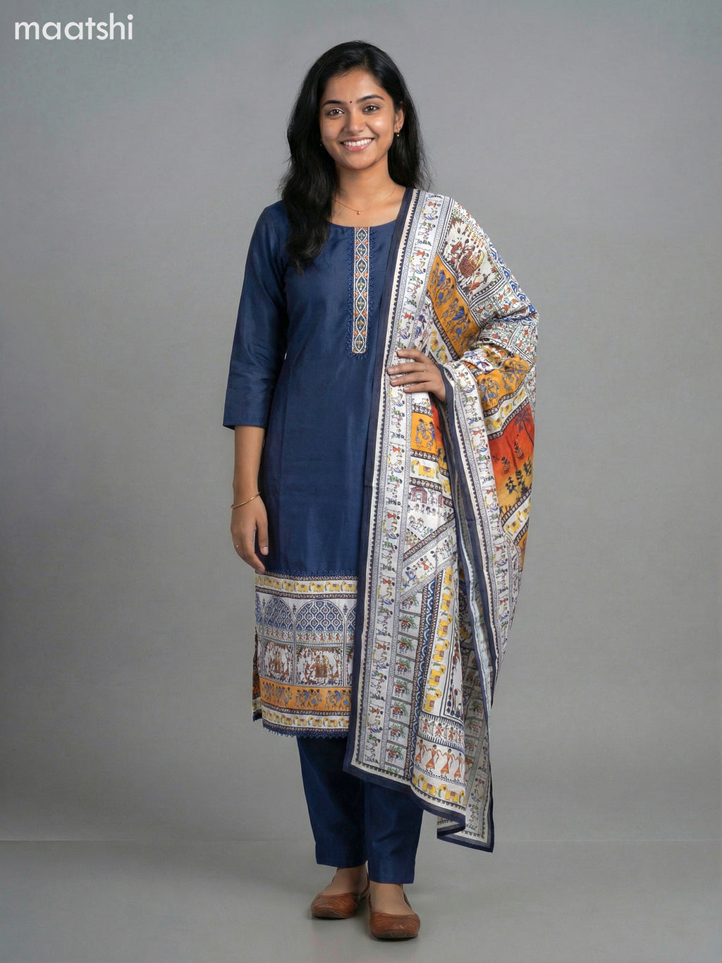 Navy Blue Modal Embroidery Work Straight Suit