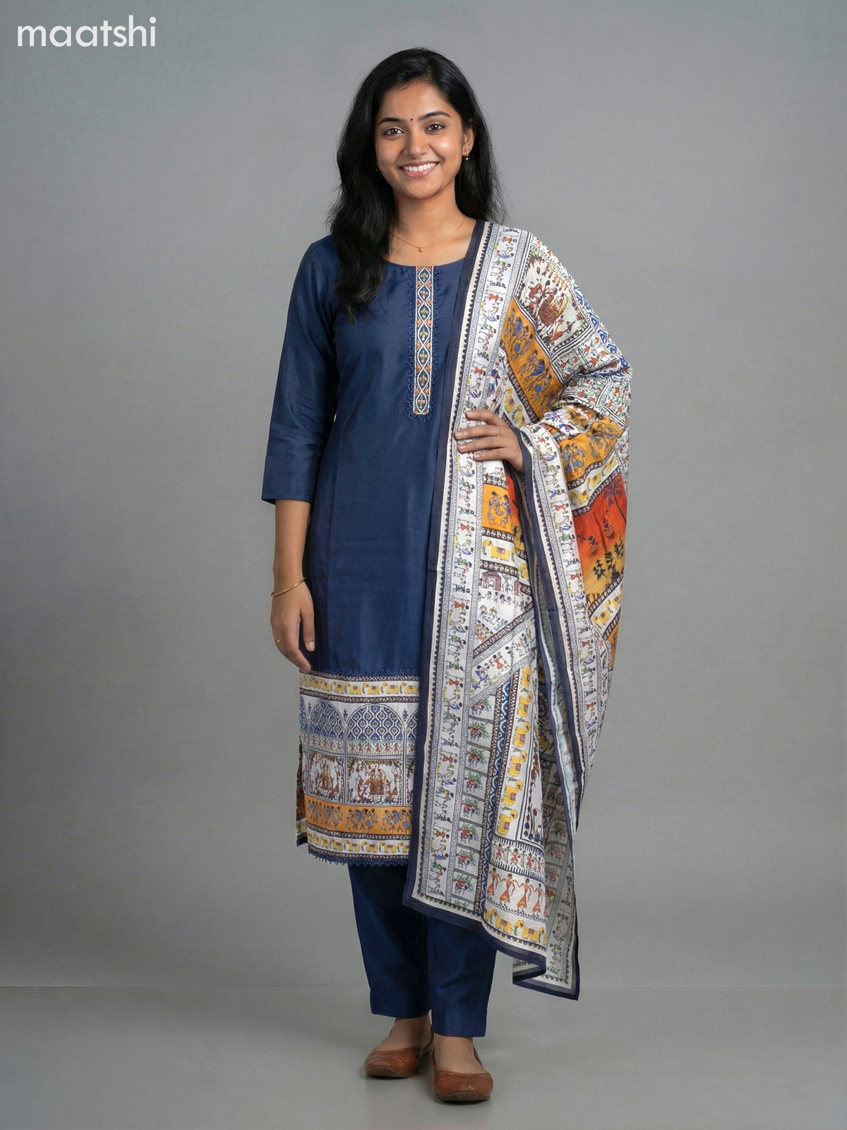 Navy Blue Modal Embroidery Work Straight Suit