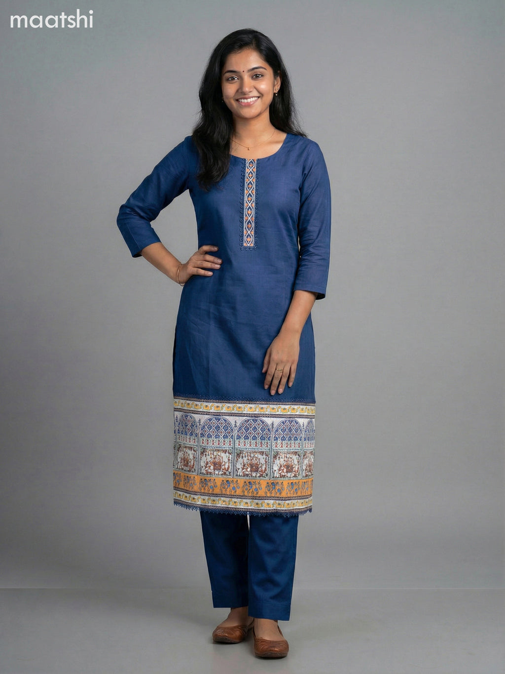Navy Blue Modal Embroidery Work Straight Suit