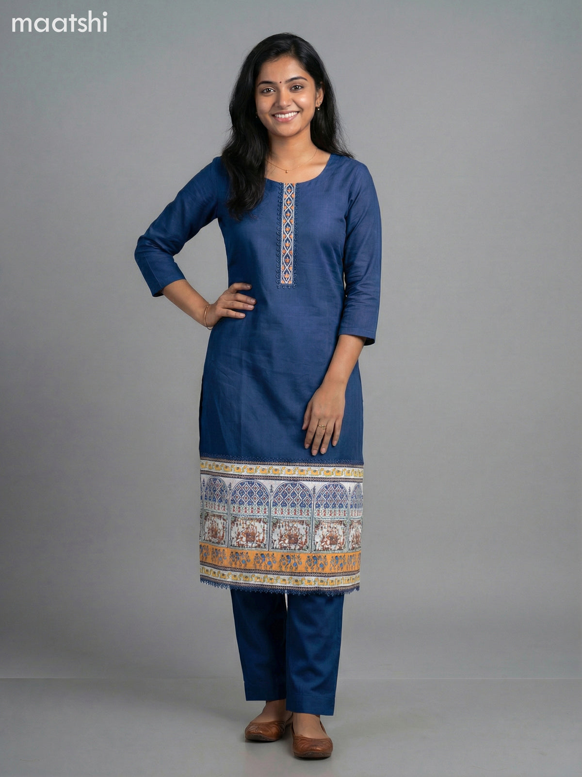 Navy Blue Modal Embroidery Work Straight Suit