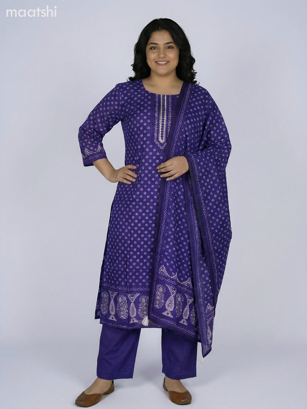 Purple Russian Silk Printed Straight Suit