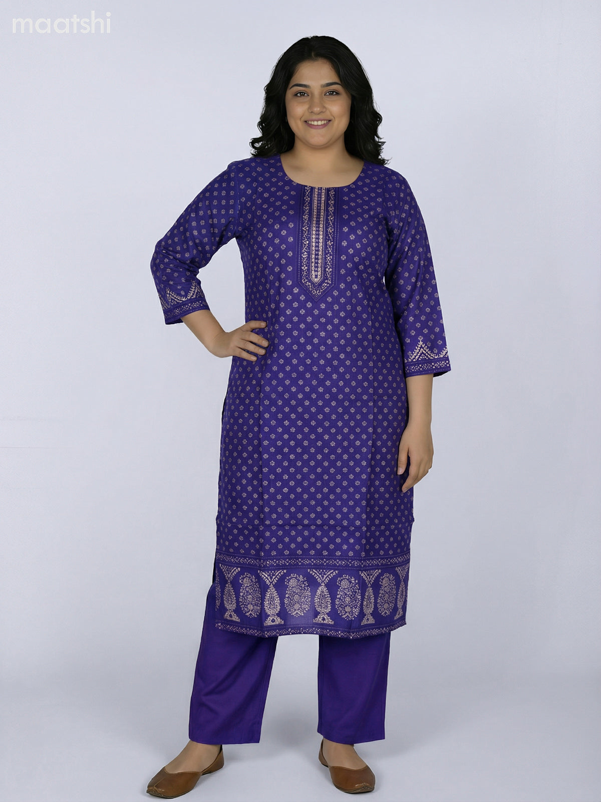 Purple Russian Silk Printed Straight Suit