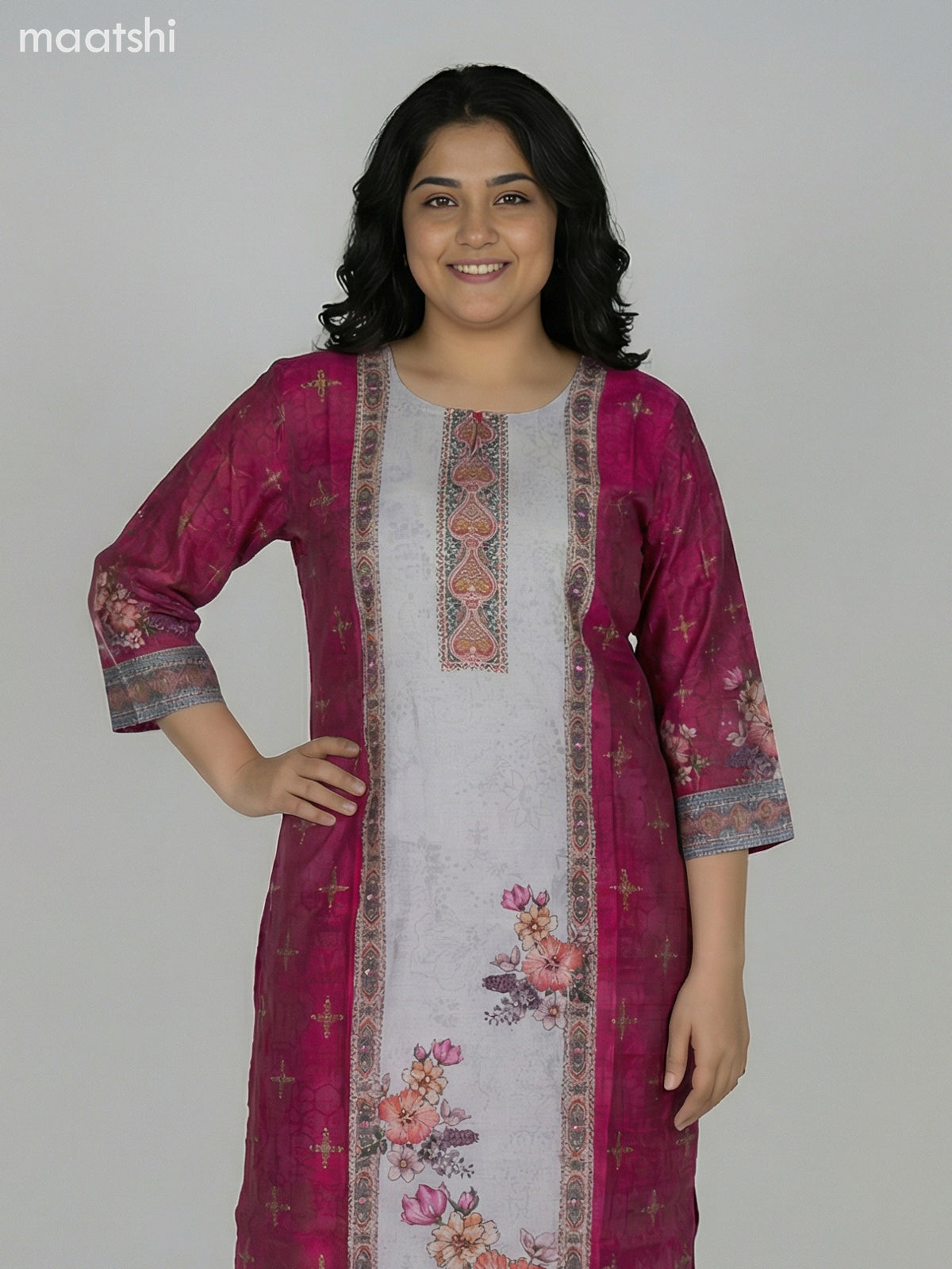 Pink and Grey Modal Floral Printed Straight Suit
