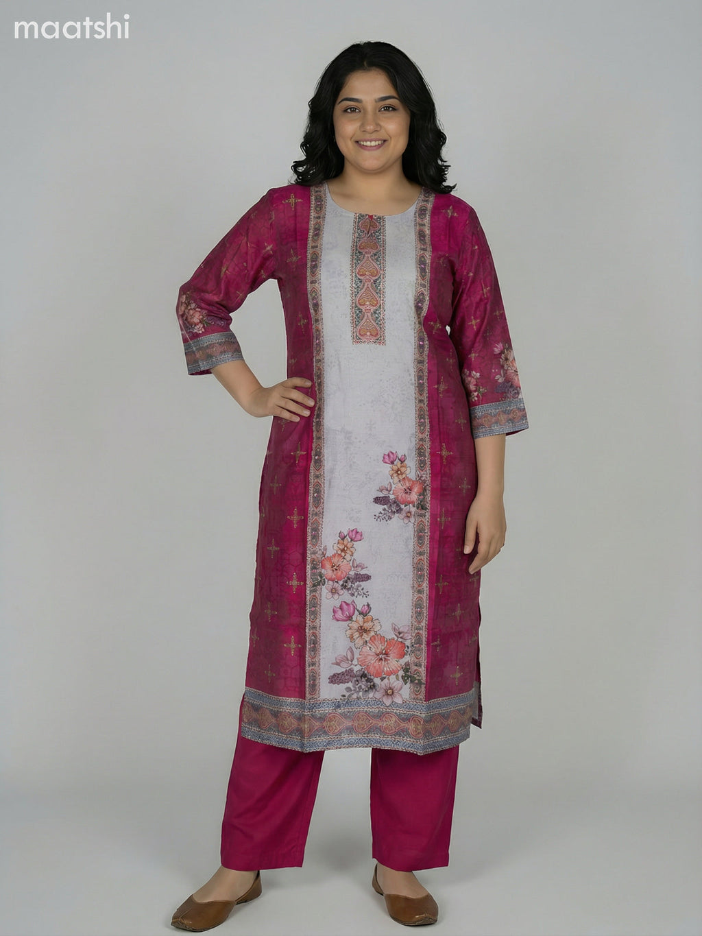 Pink and Grey Modal Floral Printed Straight Suit