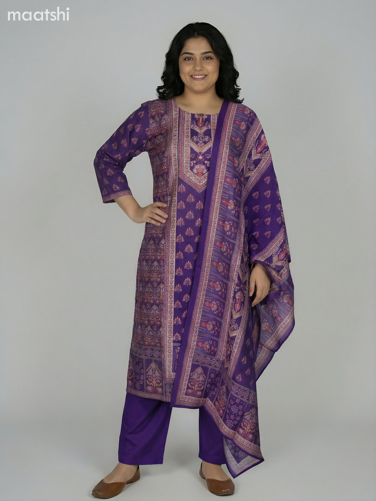 Purple Modal Printed Straight Suit