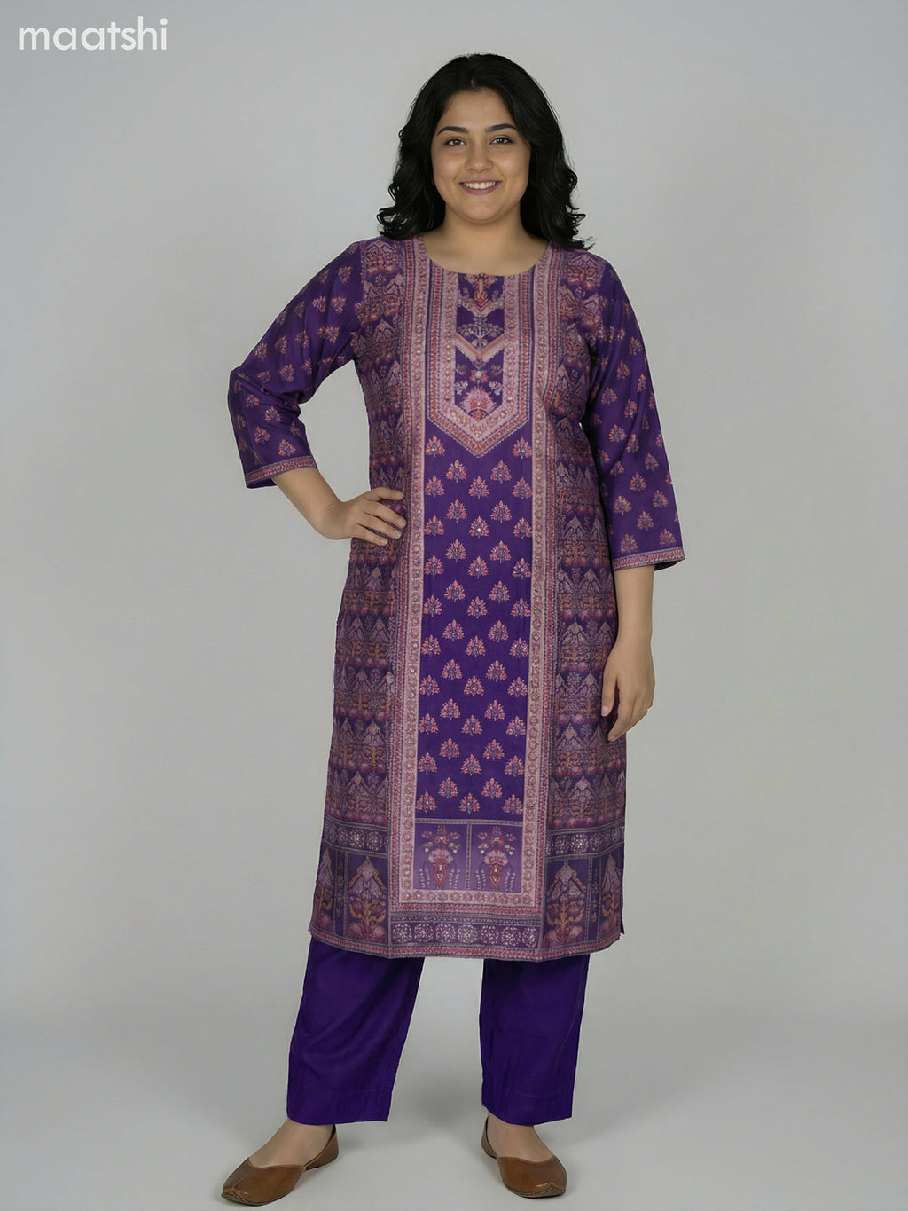 Purple Modal Printed Straight Suit