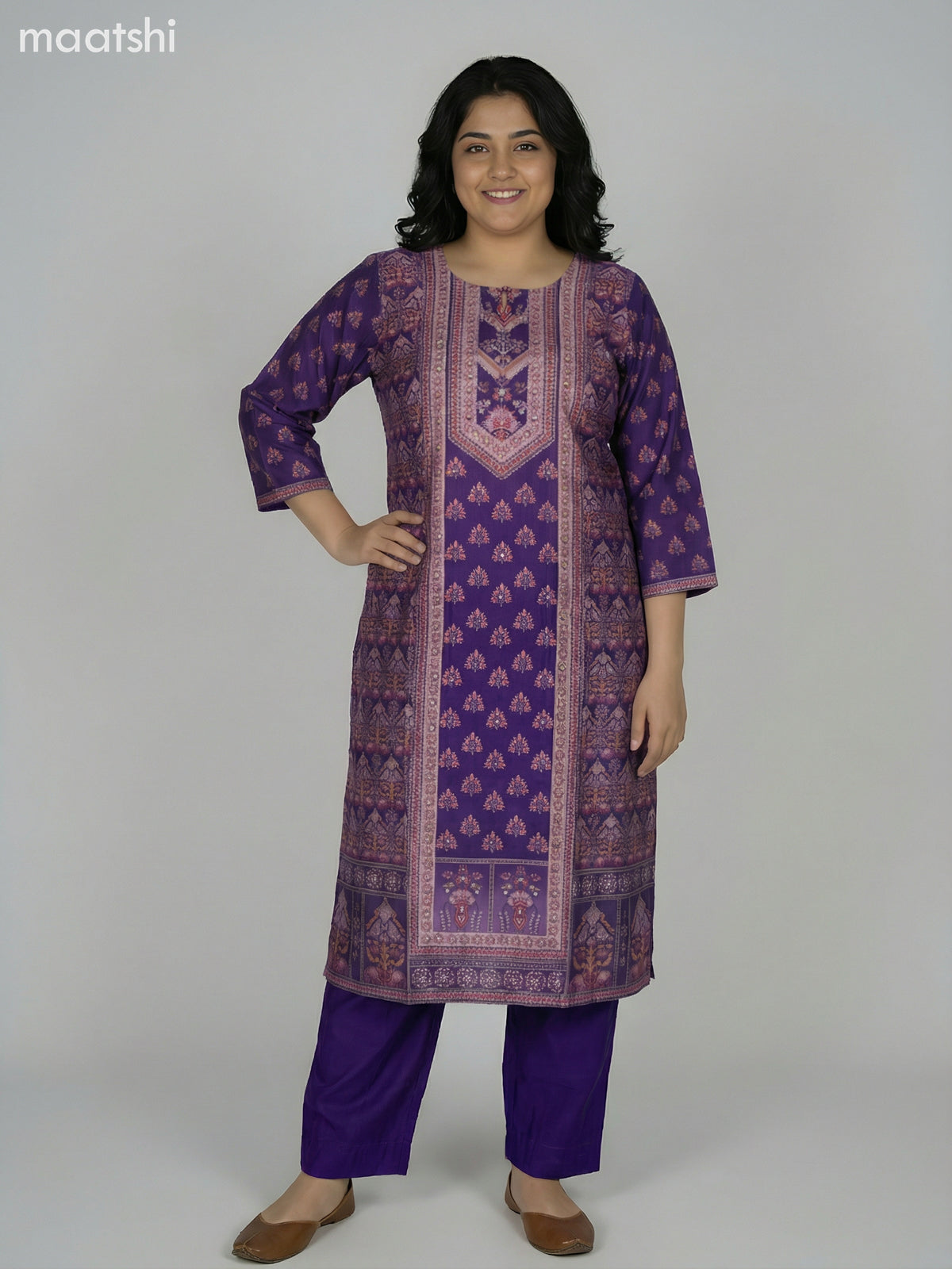 Purple Modal Printed Straight Suit