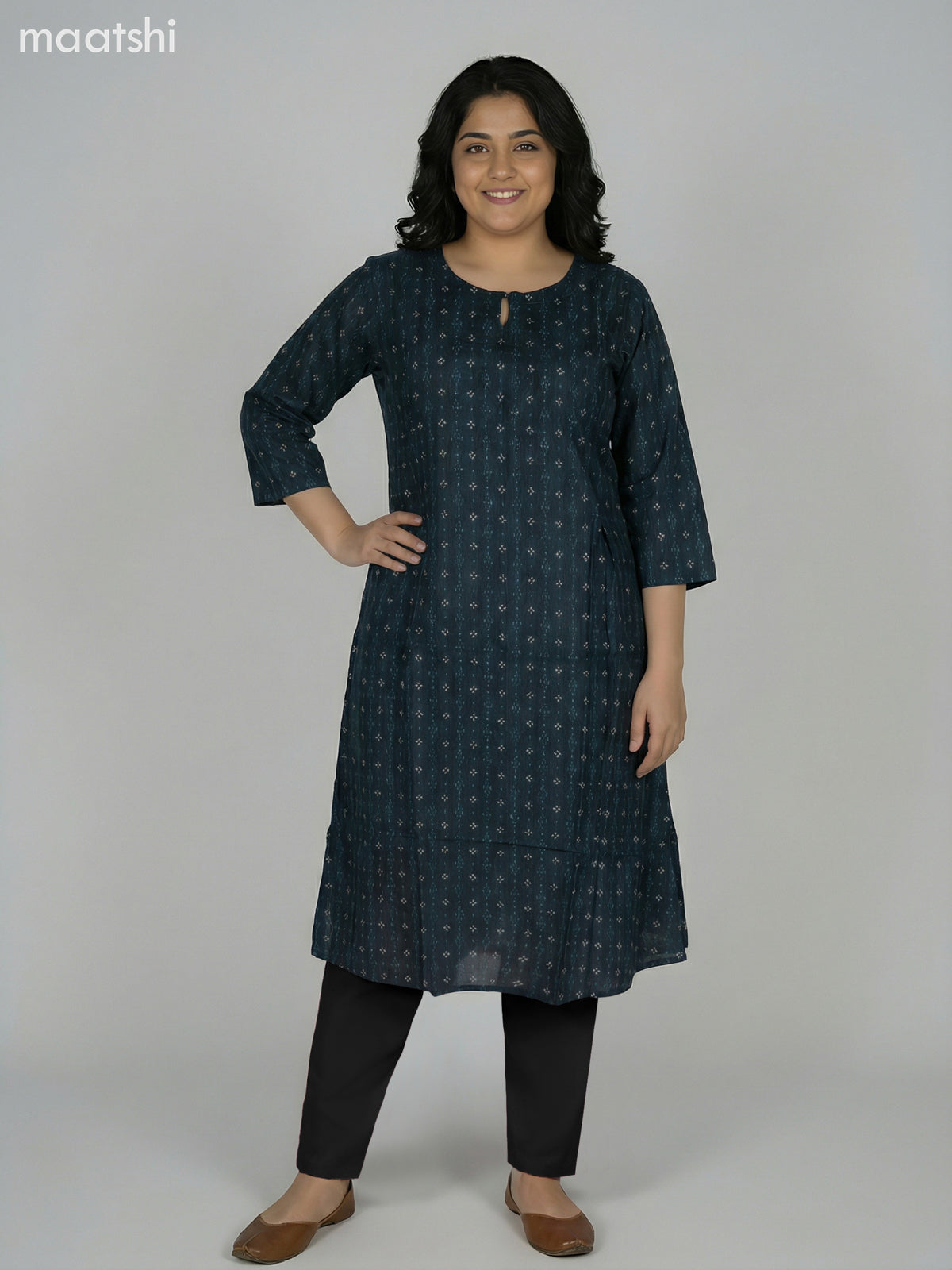 Dark Peacock Blue Modal Printed A-Line Kurti