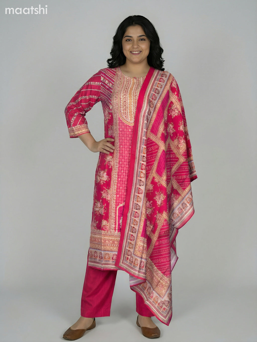 Pink Modal Printed Straight Suit
