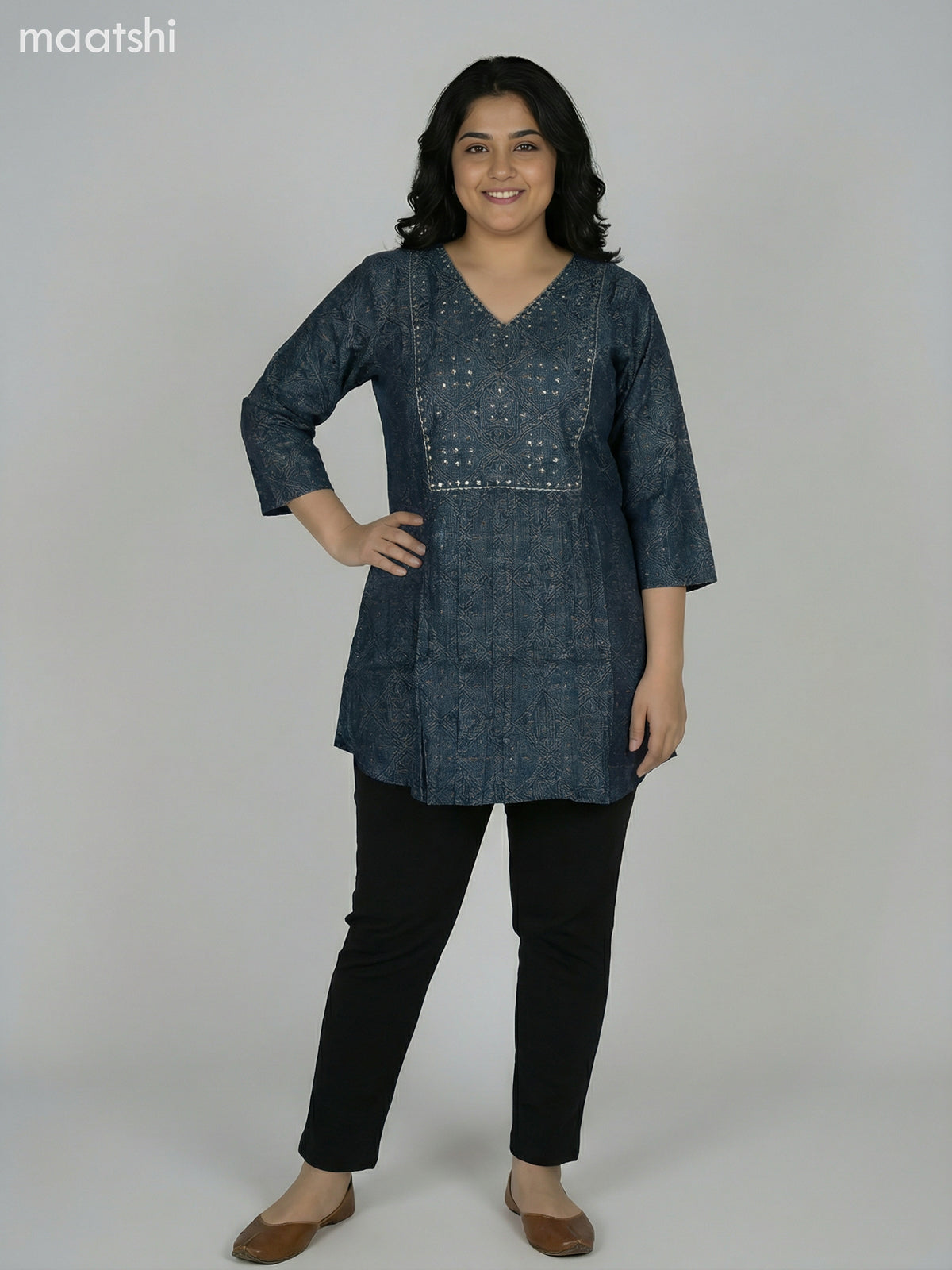 Peacock Blue Modal Ajrakh Printed Short Kurti
