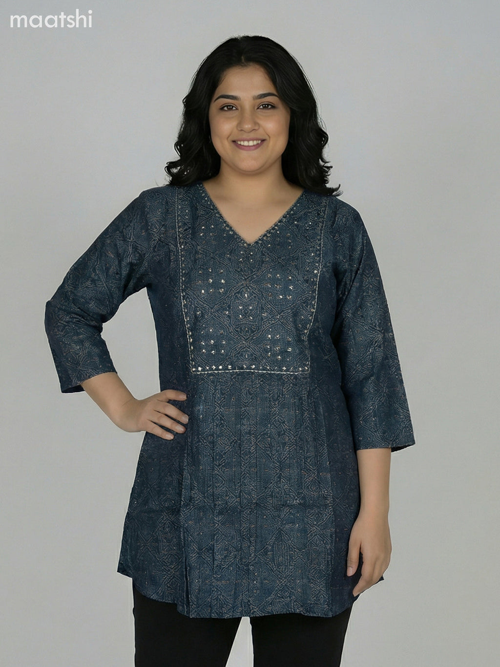 Peacock Blue Modal Ajrakh Printed Short Kurti