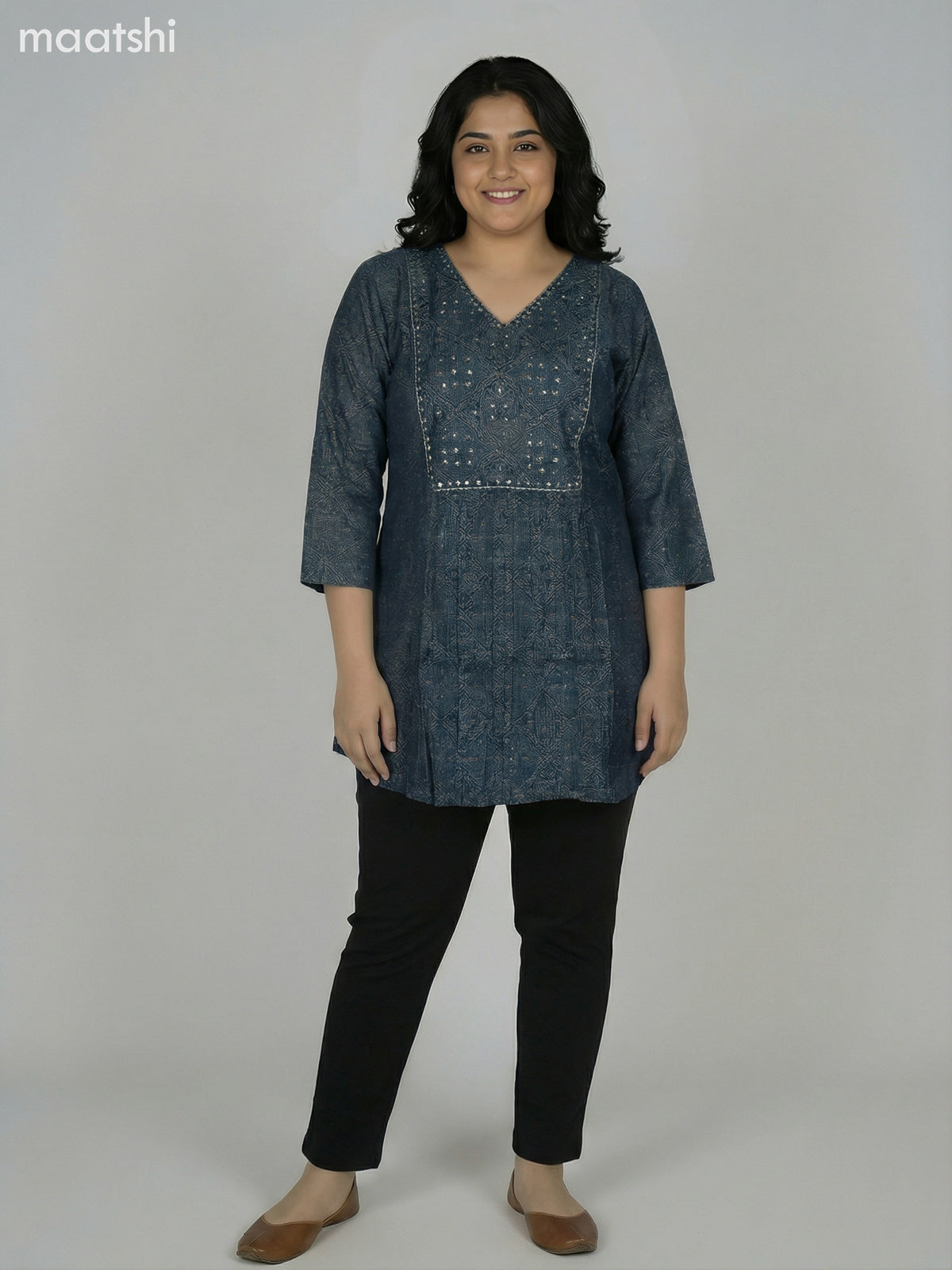 Peacock Blue Modal Ajrakh Printed Short Kurti