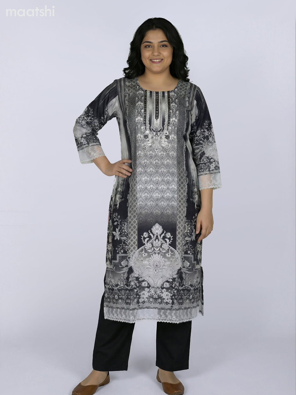 Grey and Black Modal Floral Printed Straight Kurti