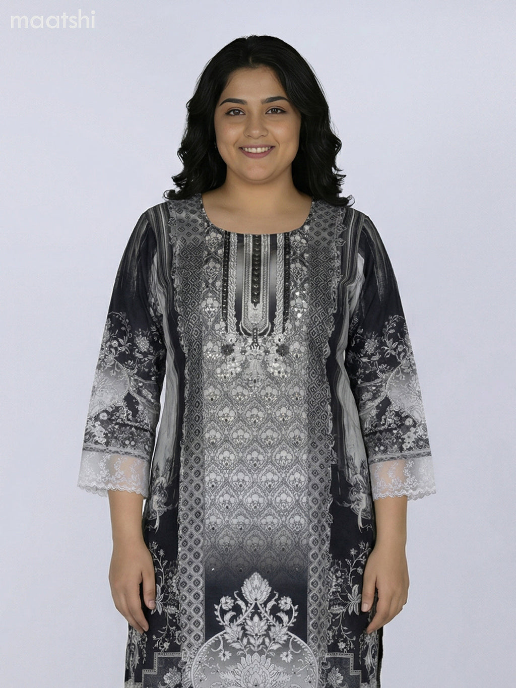 Grey and Black Modal Floral Printed Straight Kurti