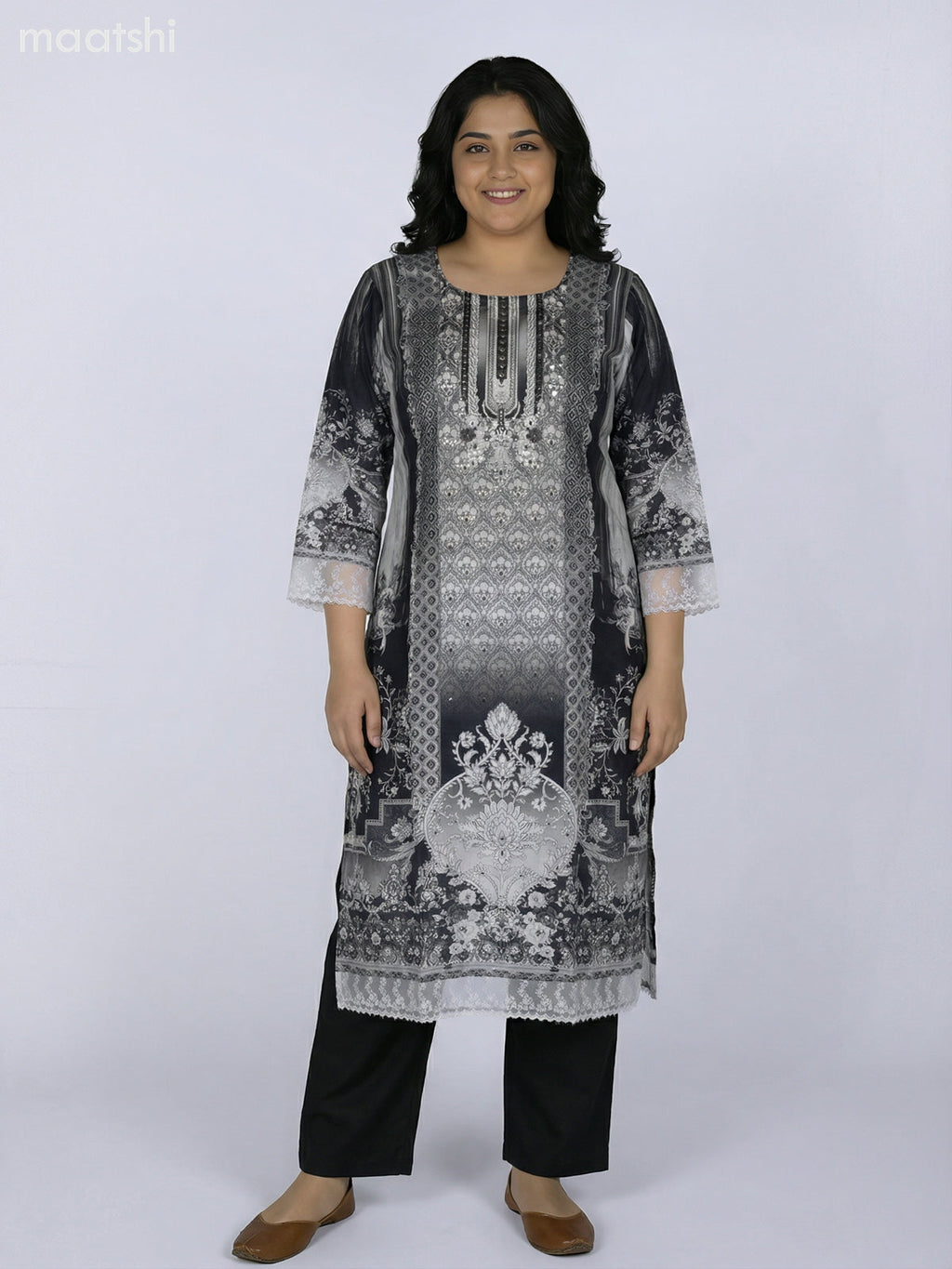 Grey and Black Modal Floral Printed Straight Kurti