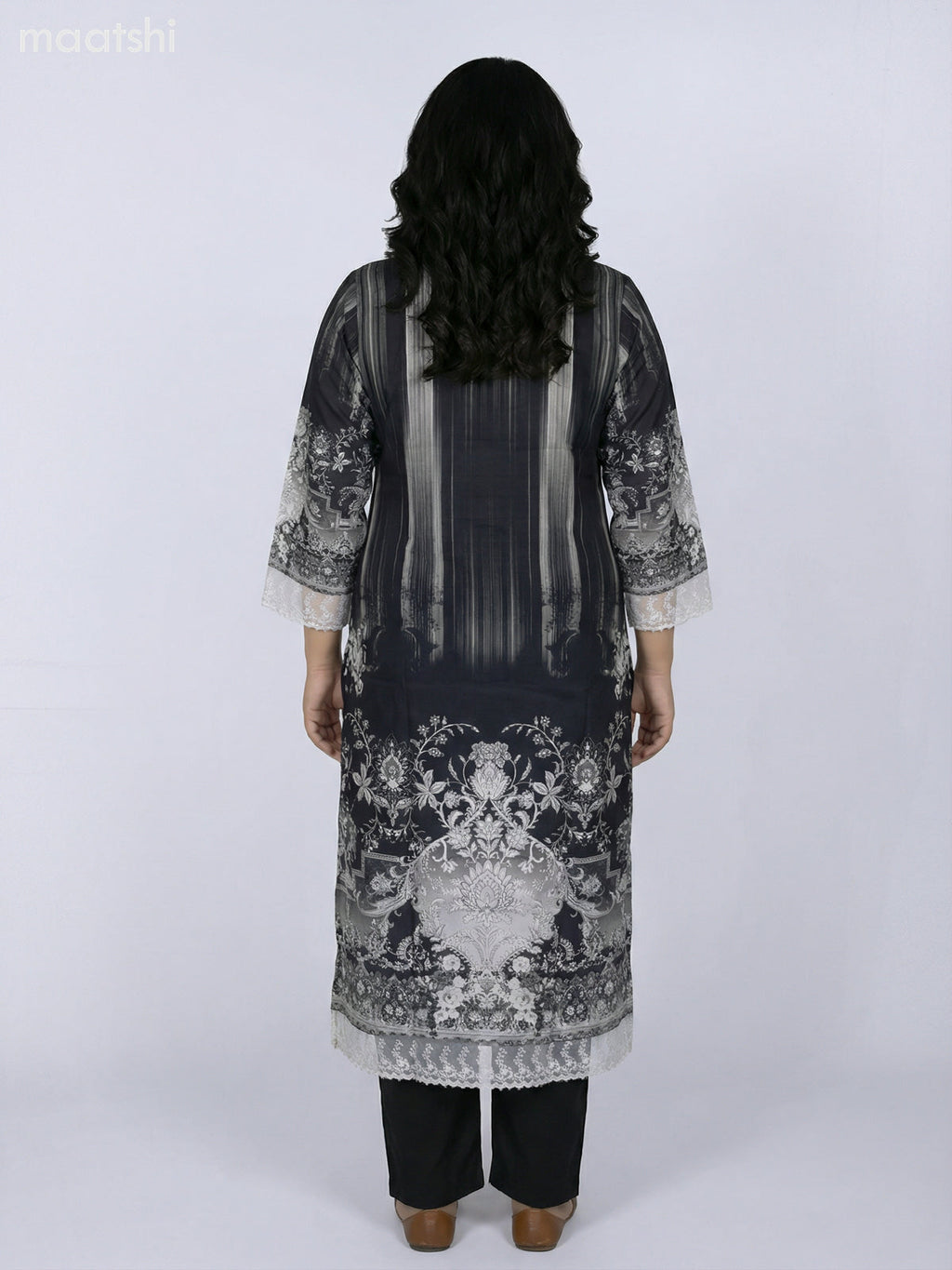 Grey and Black Modal Floral Printed Straight Kurti