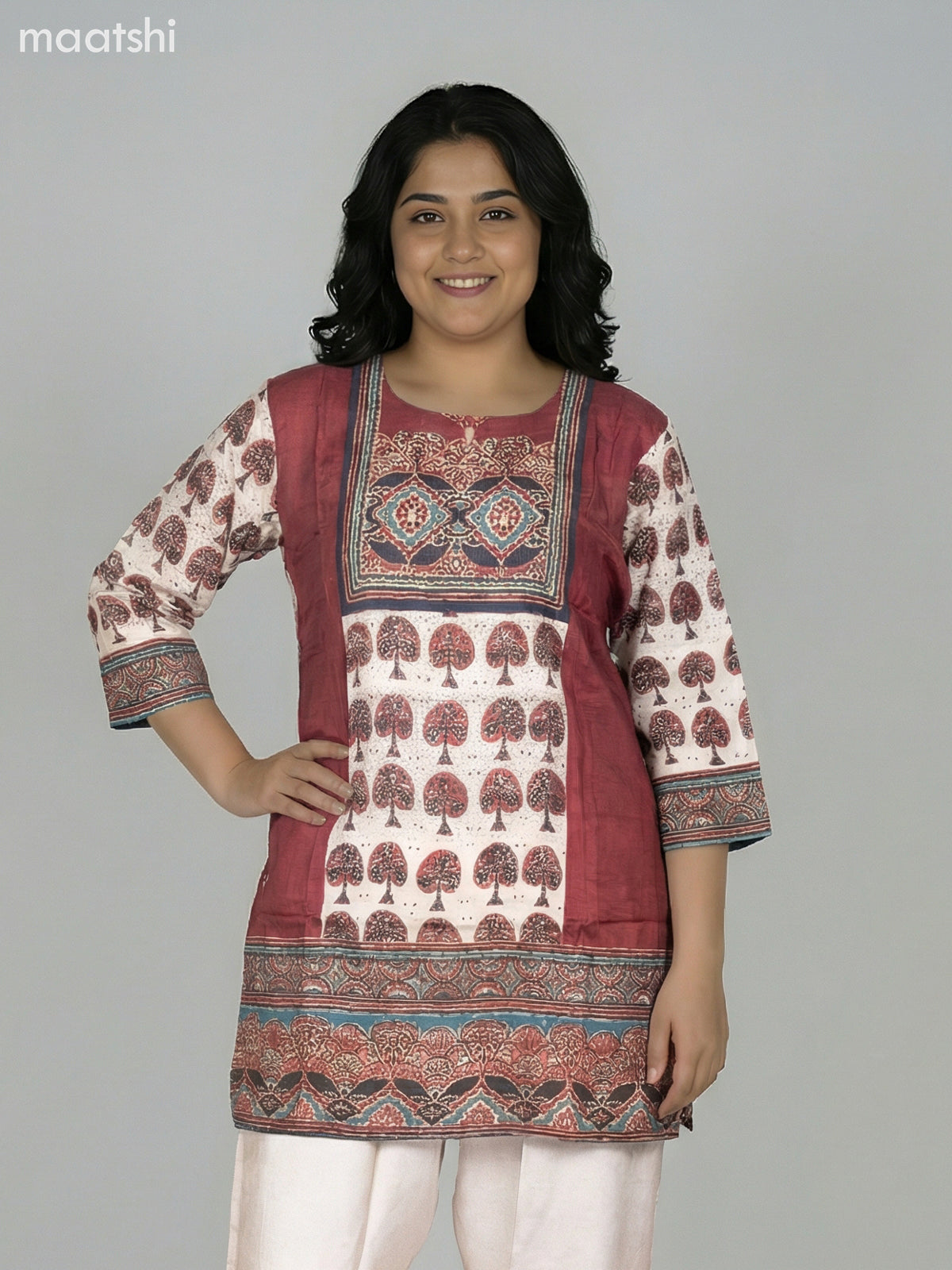 Beige and Maroon Modal Ajrakh Printed Kurti Set