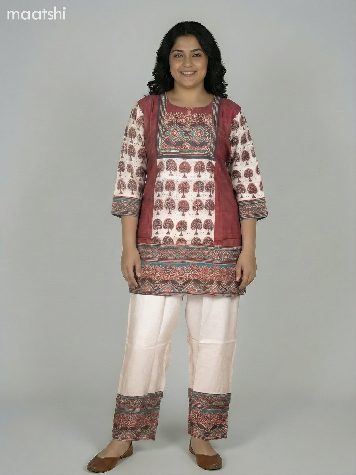 Beige and Maroon Modal Ajrakh Printed Kurti Set
