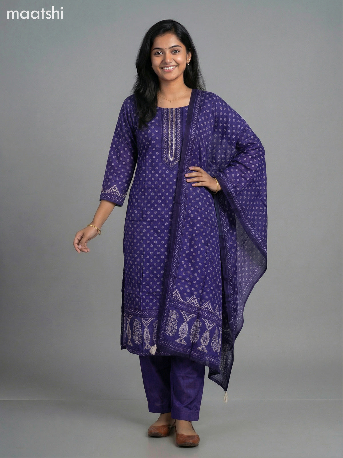 Purple Russian Silk Printed Straight Suit