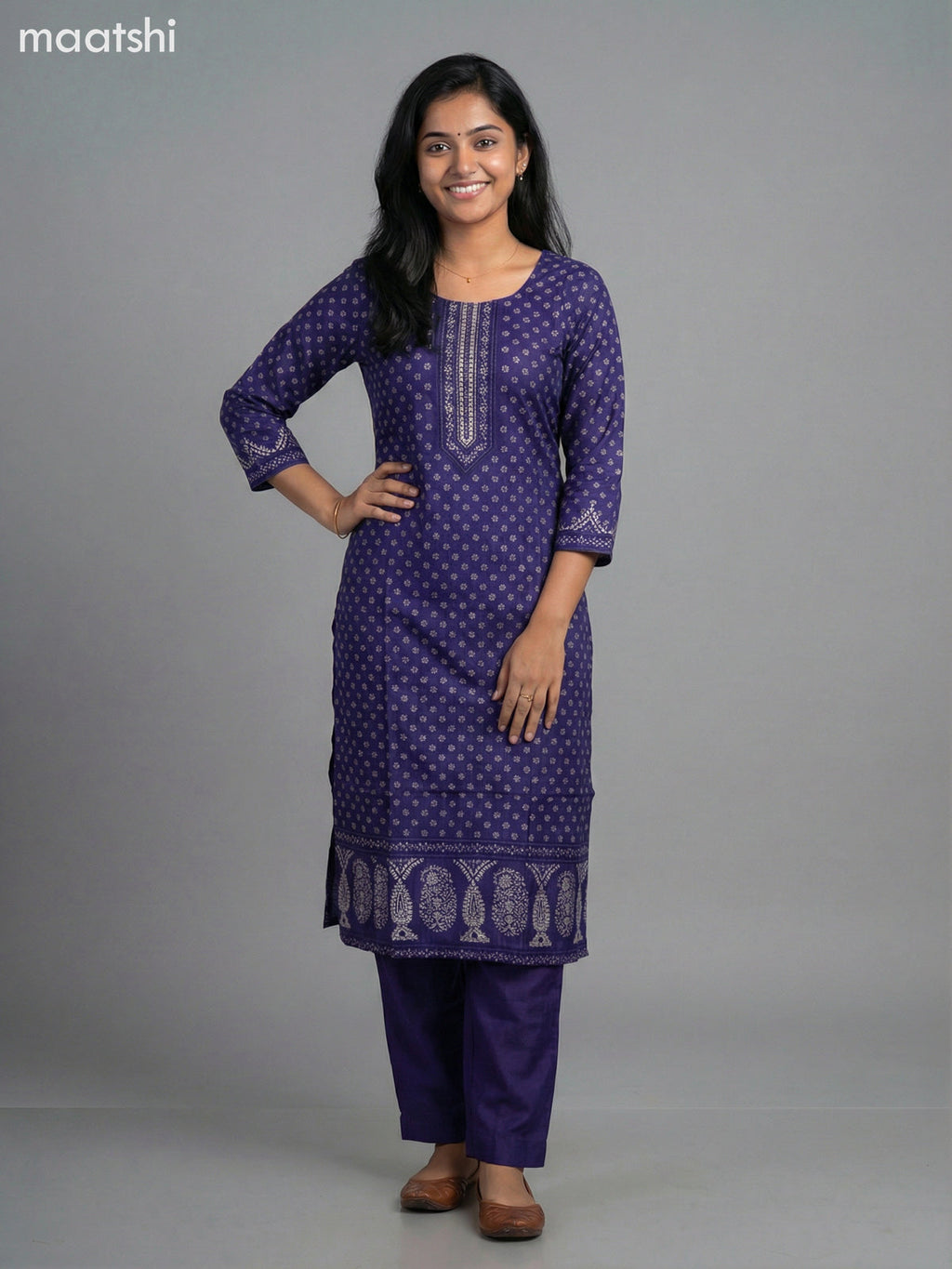 Purple Russian Silk Printed Straight Suit