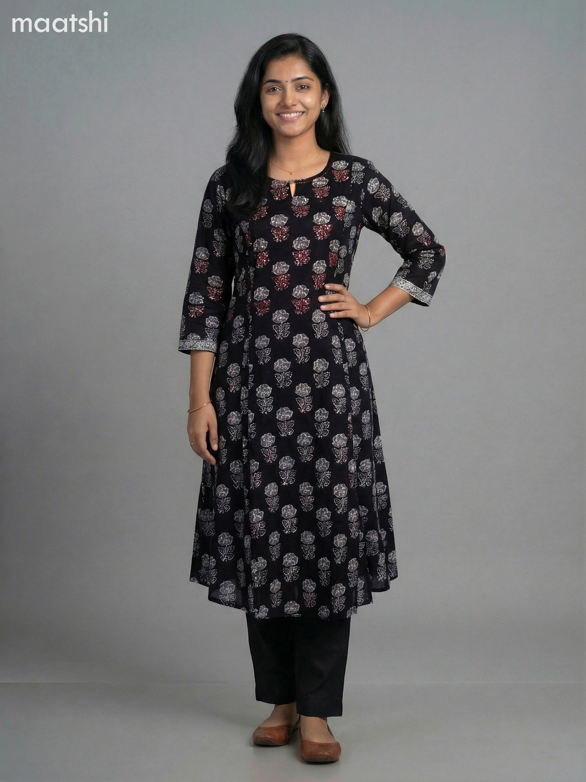 Black Cotton Floral Printed A-Line Kurti