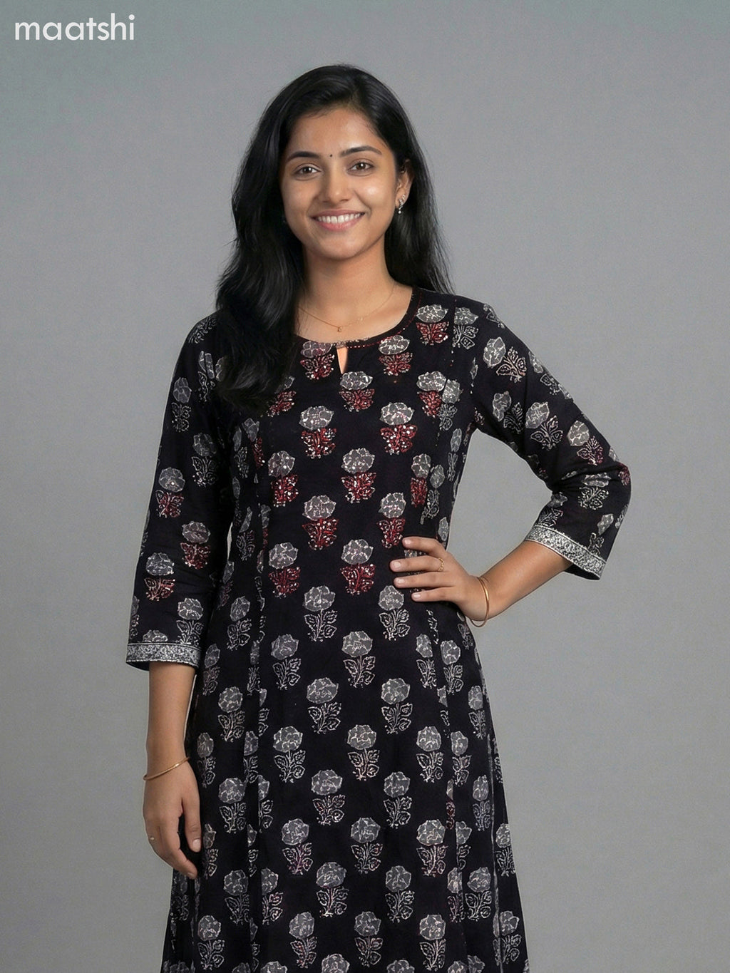 Black Cotton Floral Printed A-Line Kurti