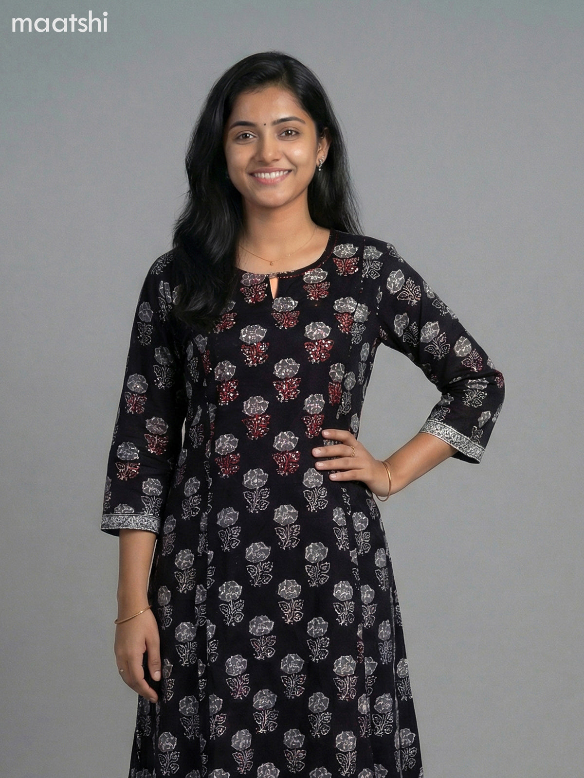 Black Cotton Floral Printed A-Line Kurti