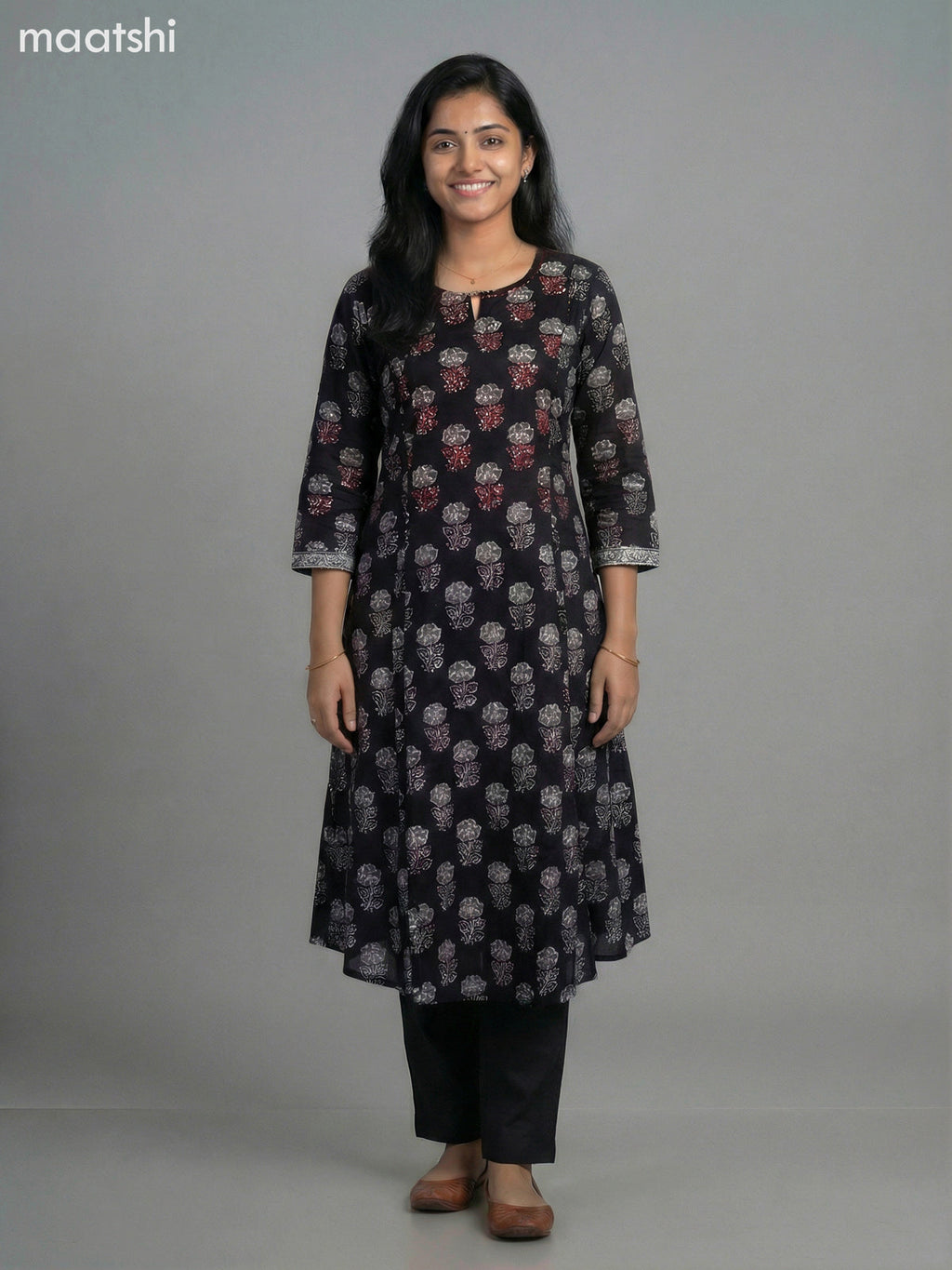 Black Cotton Floral Printed A-Line Kurti