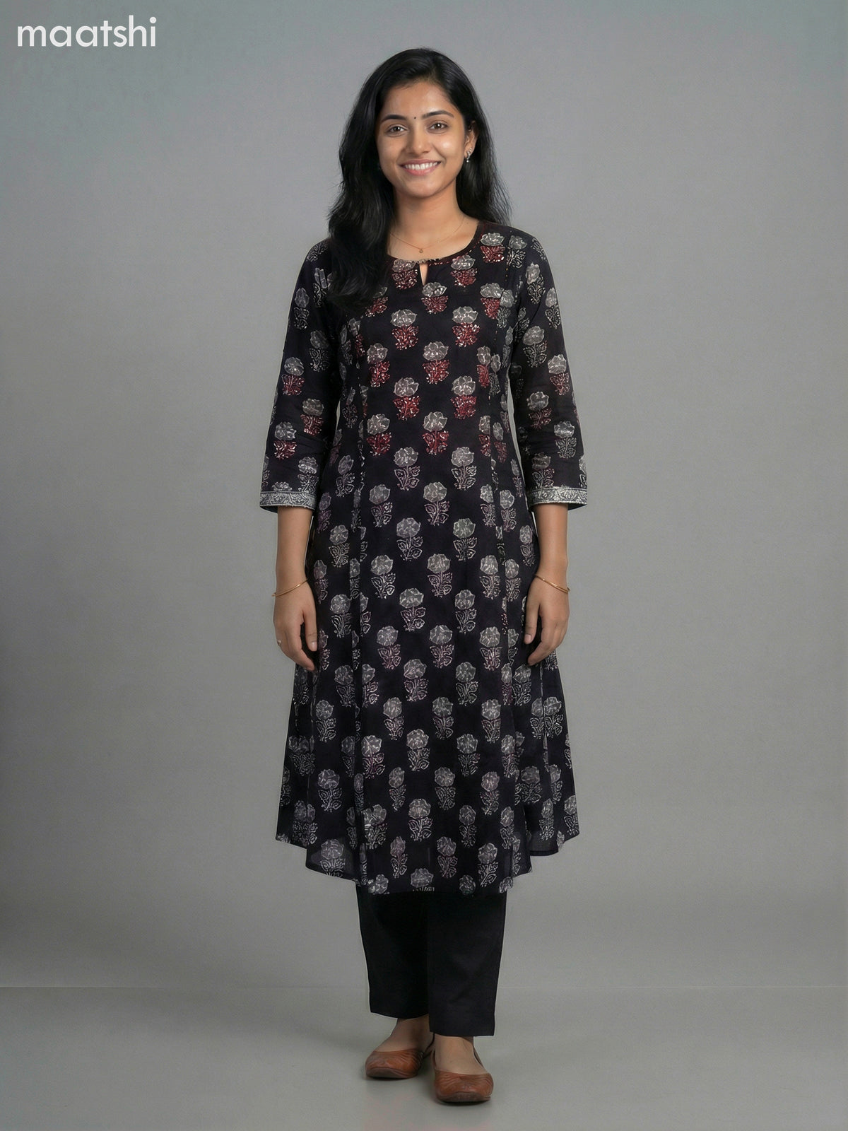 Black Cotton Floral Printed A-Line Kurti