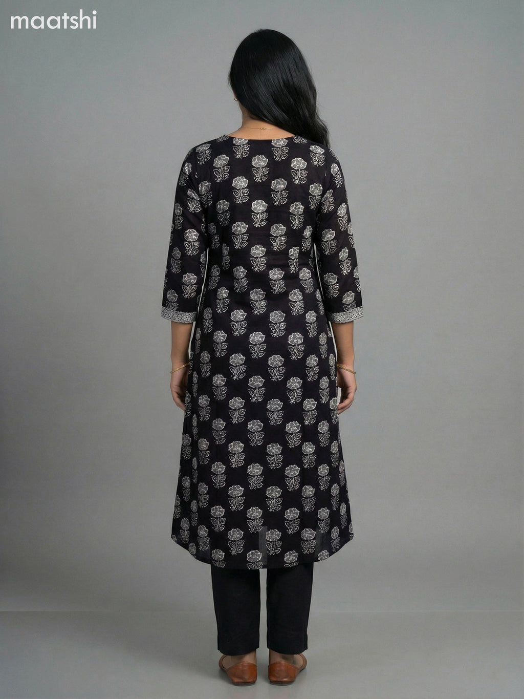 Black Cotton Floral Printed A-Line Kurti