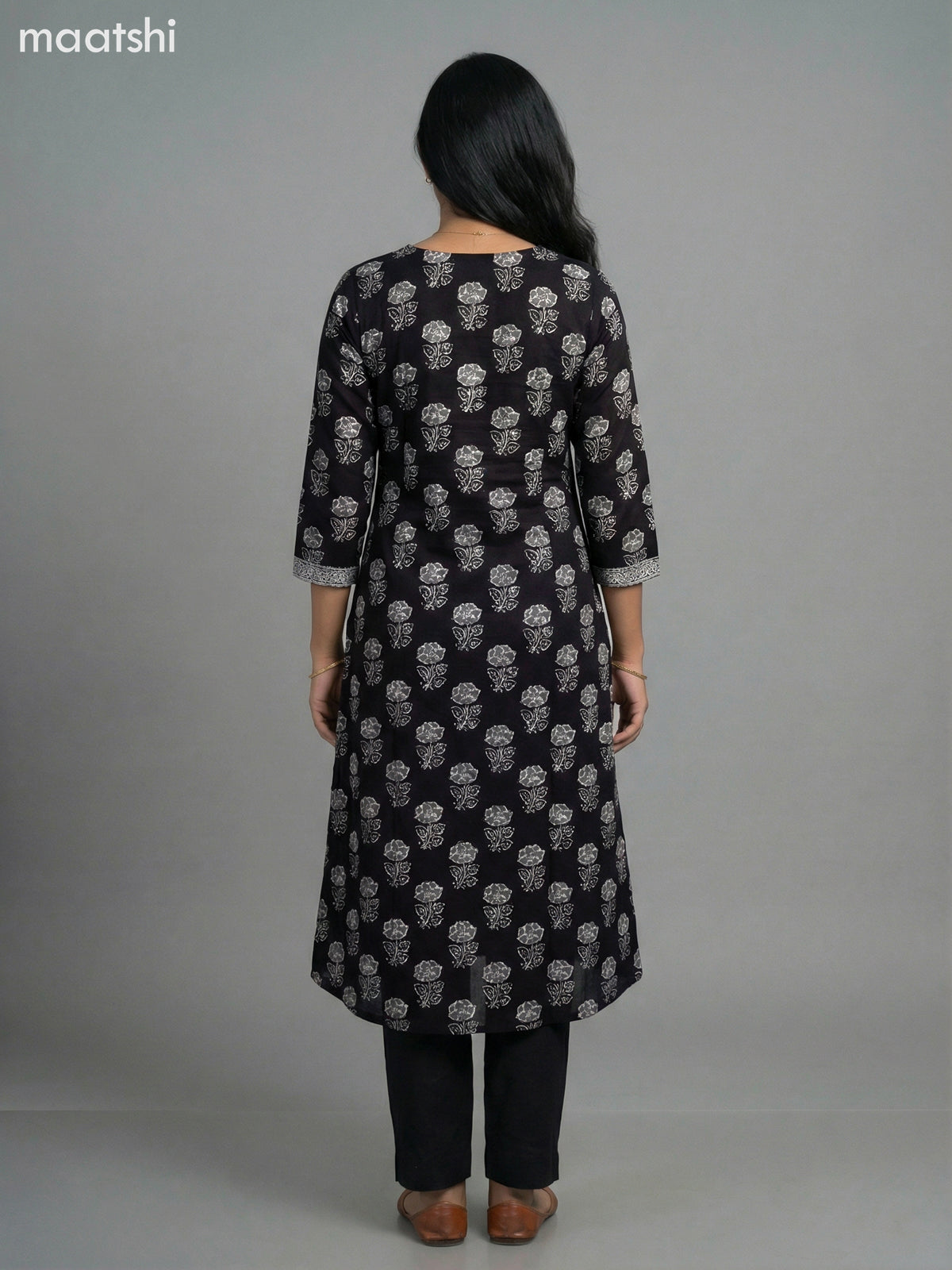 Black Cotton Floral Printed A-Line Kurti
