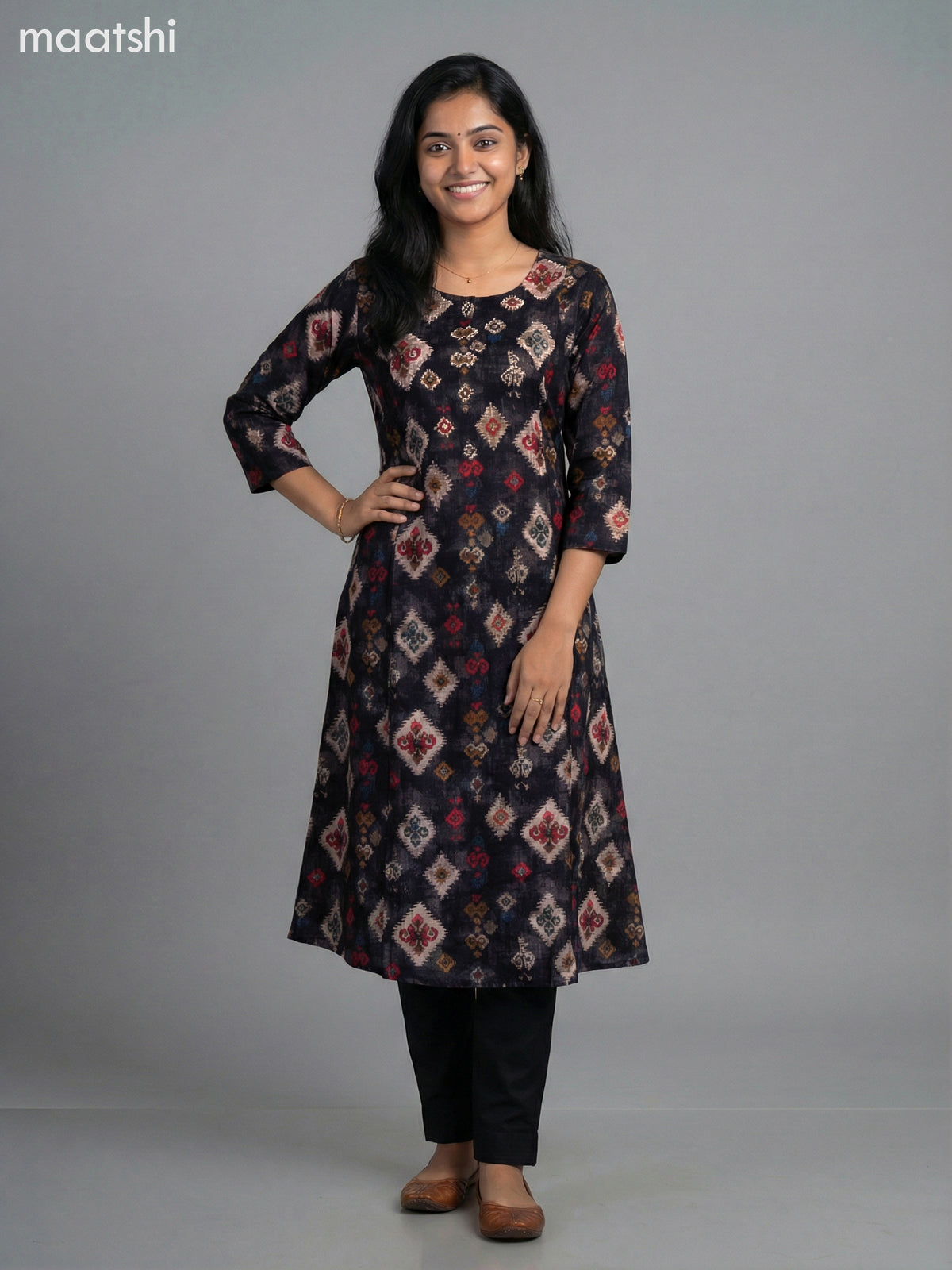Black Muslin Printed A-Line Kurti