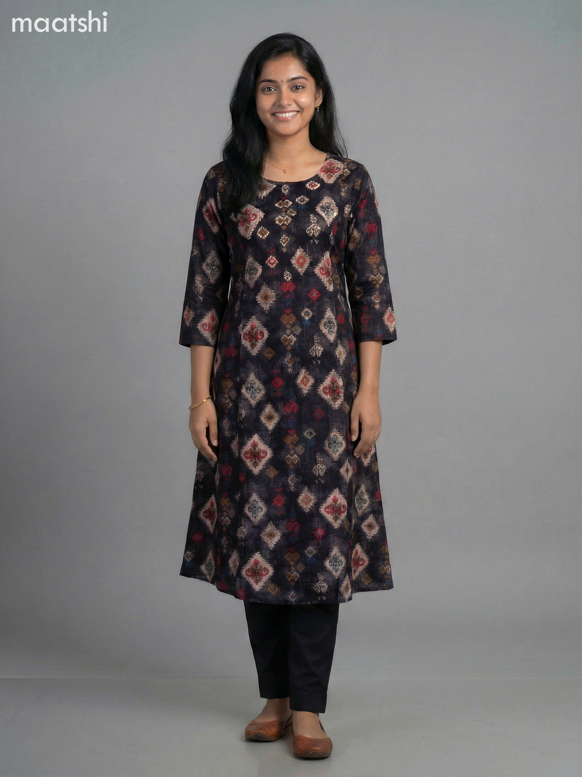 Black Muslin Printed A-Line Kurti