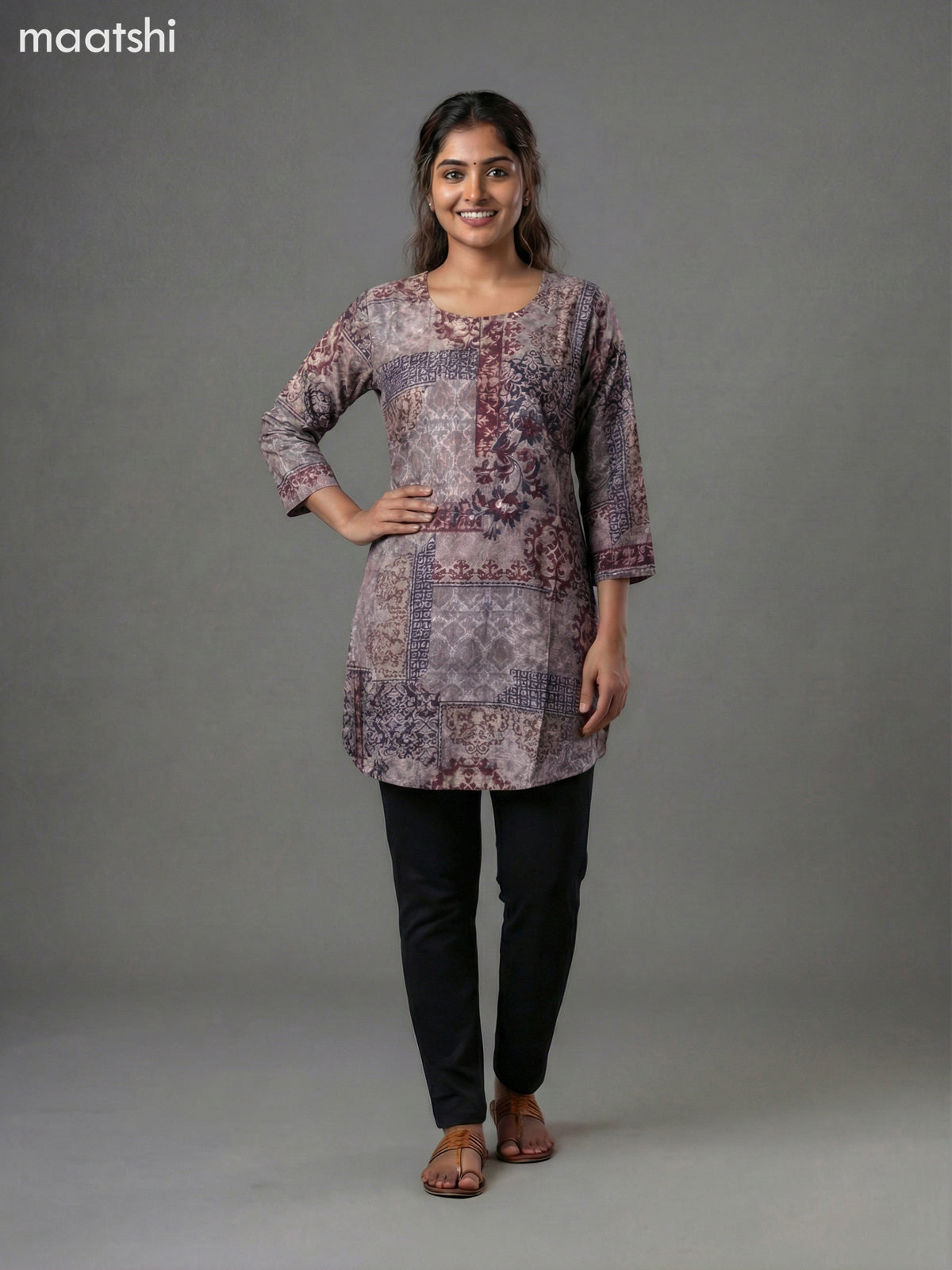 Beige and Black Maroon Modal Printed Short Kurti