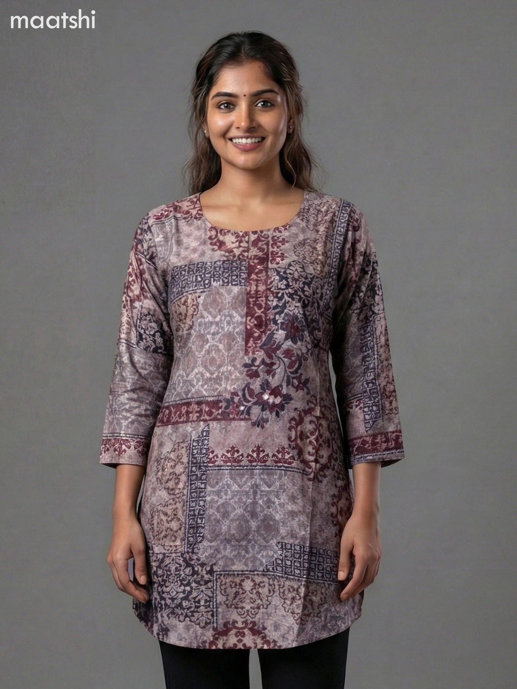 Beige and Black Maroon Modal Printed Short Kurti