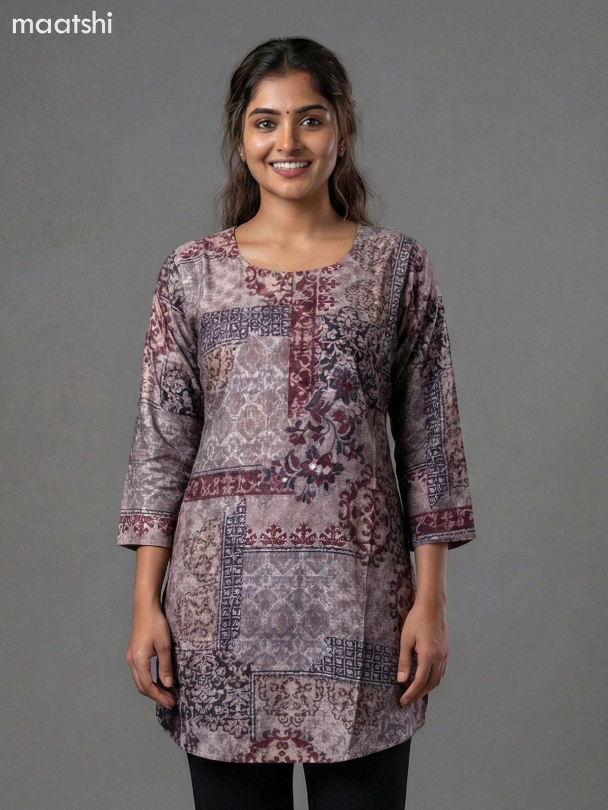 Beige and Black Maroon Modal Printed Short Kurti