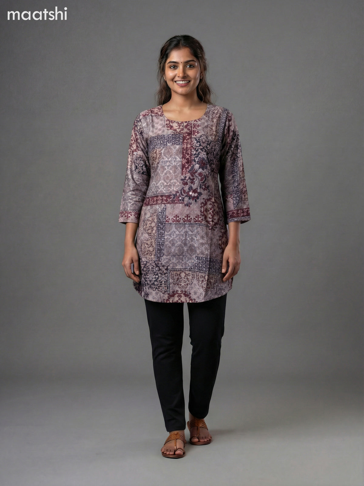 Beige and Black Maroon Modal Printed Short Kurti